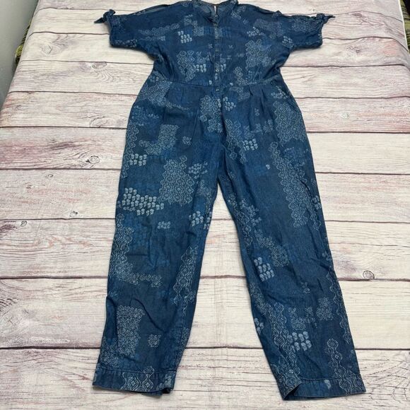 Free People Indigo Daze Jumpsuit Denim Paisley Blue Size Large - Picture 2 of 9